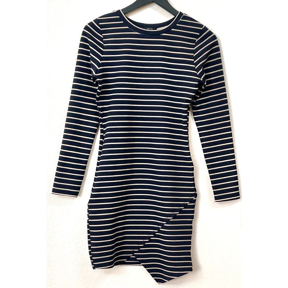 Iris Bodycon Ponte Long Sleeve Knit Dress in Blue & Tan Size Medium